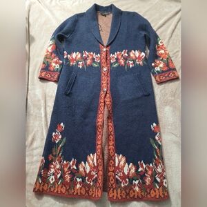 MAXSPORT floral knit cardigan coat navy and red duster heavyweight coatigan. 
